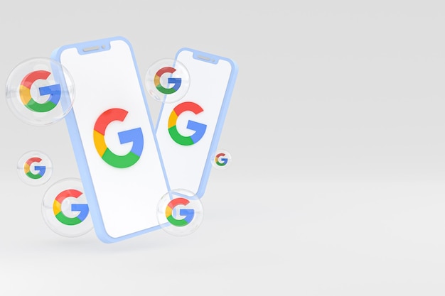 Icône google sur le rendu 3d du smartphone ou du téléphone portable à l'écran
