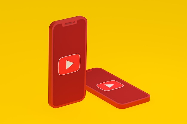 Icône youtube sur le rendu 3d du smartphone ou du téléphone portable à l'écran