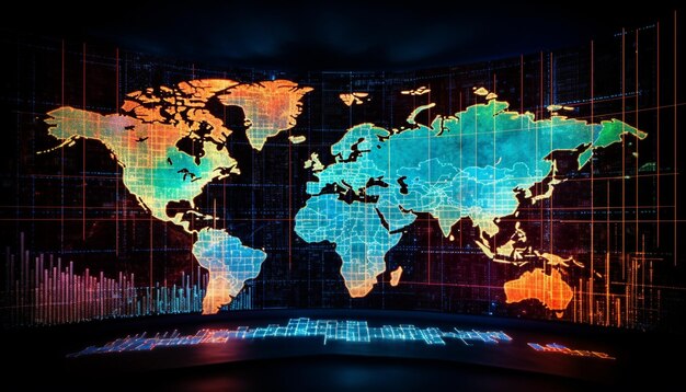 Idées mondiales de voyages d'affaires illuminées sur une carte du monde générée par l'IA