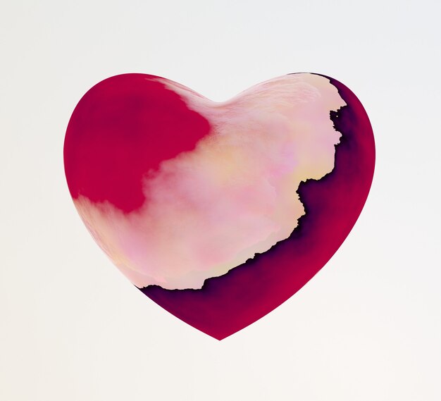 Illustration 3d abstraite du coeur texturé rose avec des taches jaunes rouges et noires isolées sur blanc