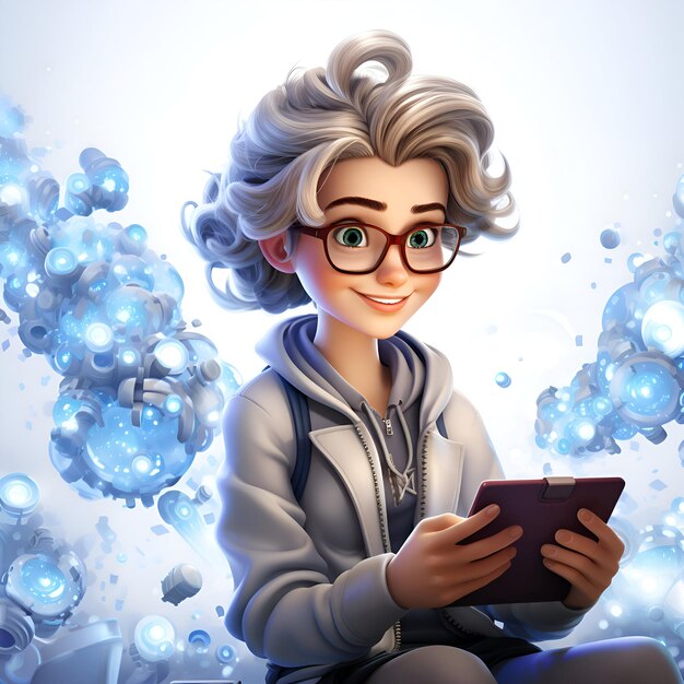 Illustration 3D d'une belle fille avec une tablette dans les mains