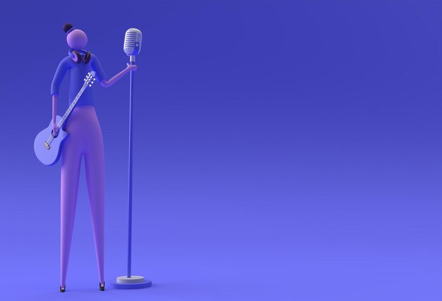 Illustration 3D Chanteuse de femme avec une guitare et un microphone Conception de rendu 3D de dessin animé