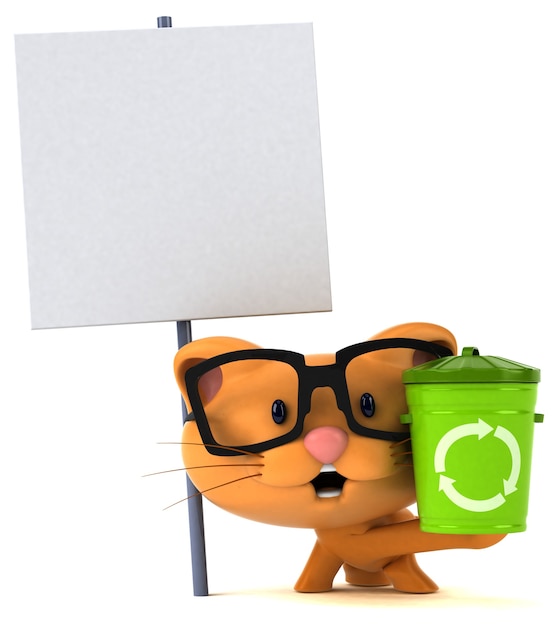 Illustration 3d de chat drôle avec poubelle et pancarte