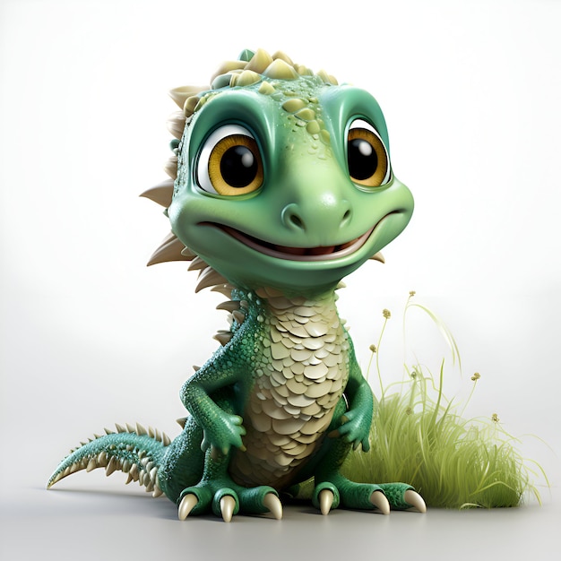 Illustration 3D d'un dragon de dessin animé sur fond blanc avec de l'herbe