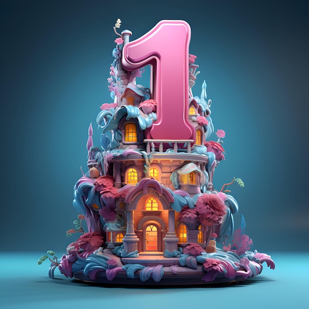 Photo gratuite illustration 3d du numéro 1 avec une maison de conte de fées