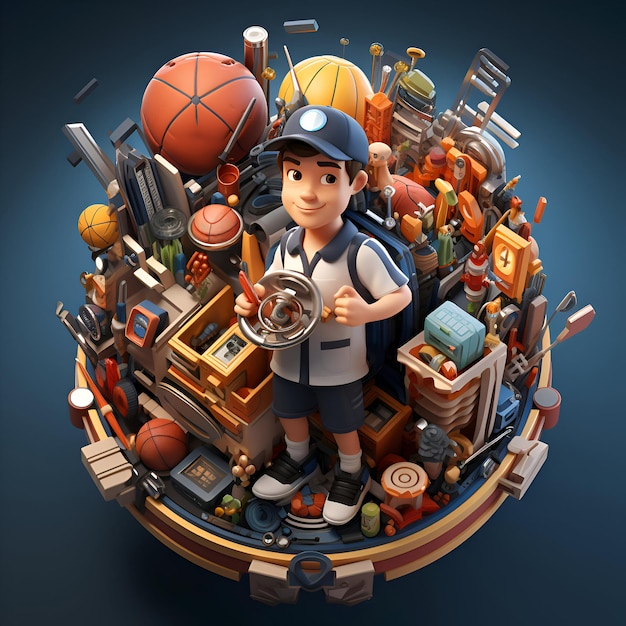 Illustration 3D d'un garçon avec un ballon de basket et d'autres équipements sportifs