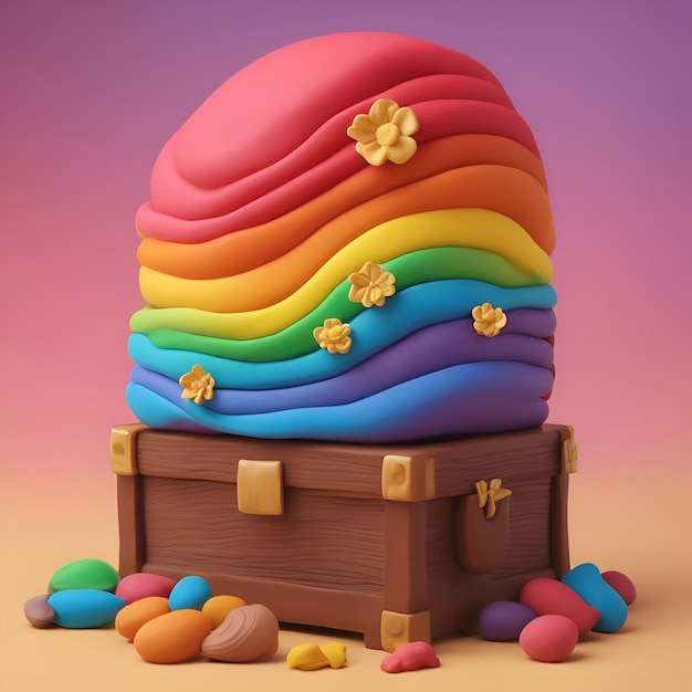 Photo gratuite illustration 3d d'un gâteau arc-en-ciel avec un coffre en bois et des bonbons