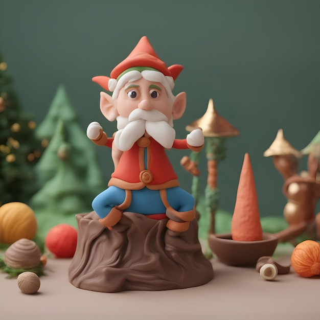 Illustration 3D d'un gnome assis sur un gâteau au chocolat