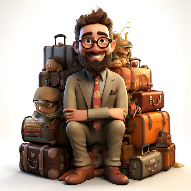 Photo gratuite illustration 3d d'un homme de dessin animé assis sur une pile de valises