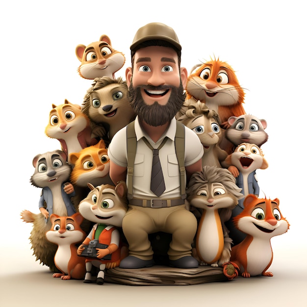 Photo gratuite illustration 3d d'un homme avec un groupe d'animaux sur un fond blanc