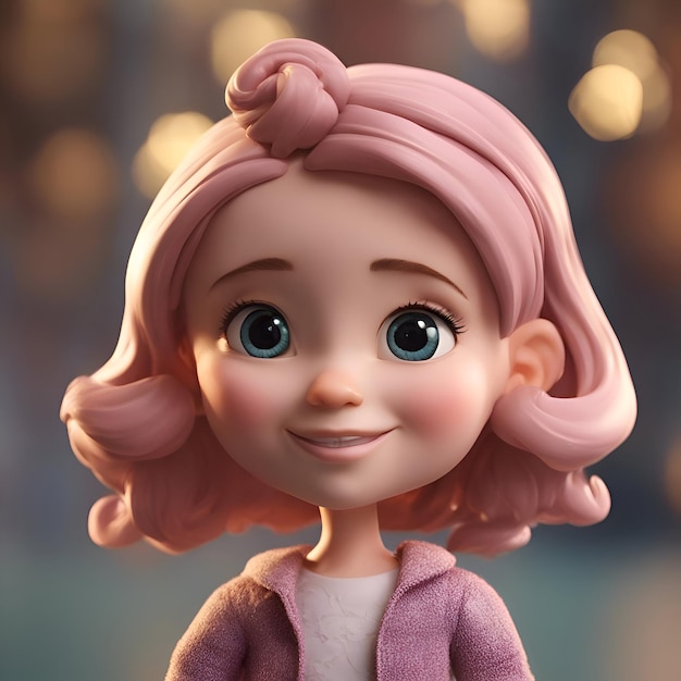 Photo gratuite illustration 3d d'une jolie fille de dessin animé avec des cheveux roses et une robe rose