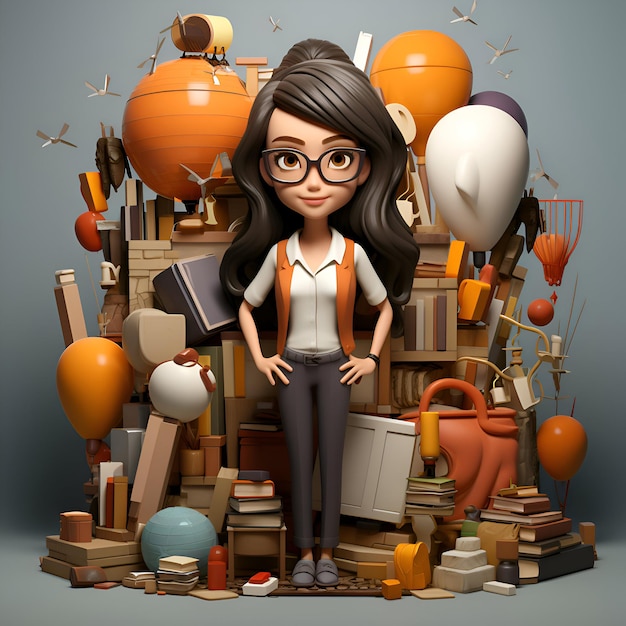 Illustration 3D d'une jolie fille de dessin animé avec des livres dans les mains