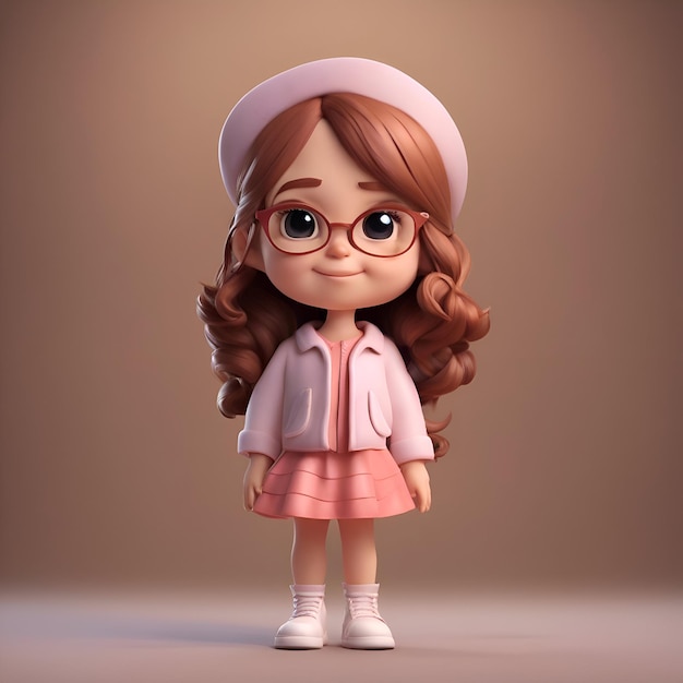 Illustration 3D d'une jolie petite fille dans un béret et des lunettes