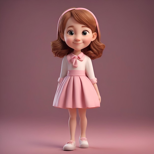 Illustration 3D d'une jolie petite fille dans une robe rose