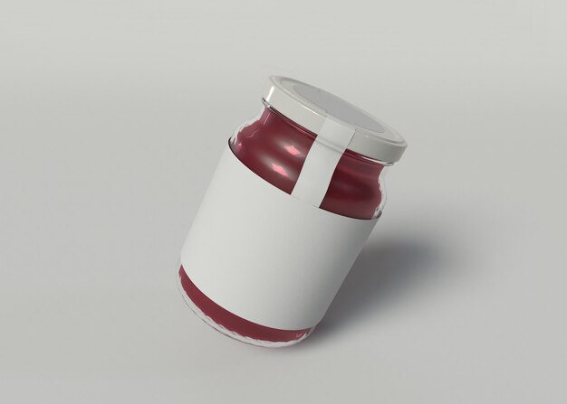 Illustration 3D. Maquette d'un pot de confiture avec une étiquette vierge sur fond blanc isolé. Concept d'emballage.