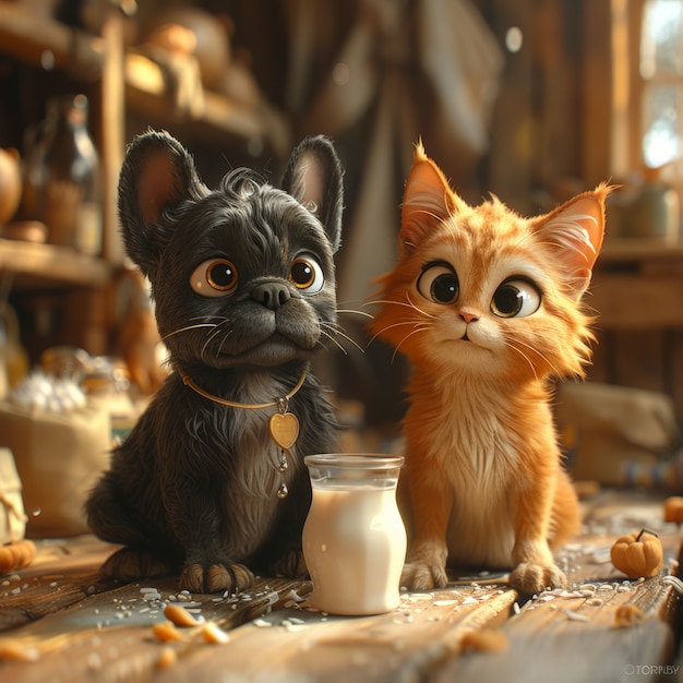 Photo gratuite illustration 3d montrant l'amitié entre les chats et les chiens