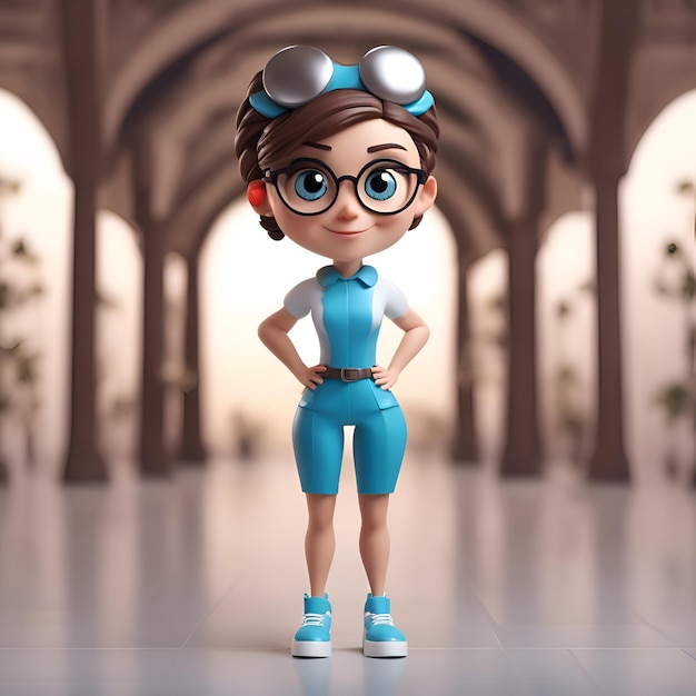 Photo gratuite illustration 3d d'un personnage de dessin animé avec des boucles de cheveux et des lunettes bleues