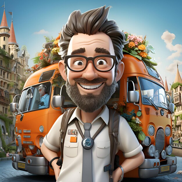 Photo gratuite illustration 3d d'un personnage de dessin animé devant un bus orange