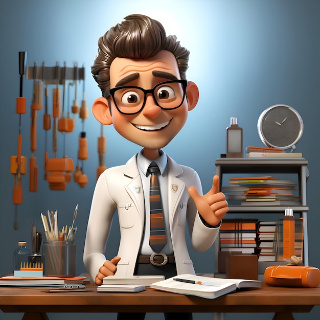 Photo gratuite illustration 3d d'un personnage de dessin animé médecin dans un manteau de laboratoire et des lunettes