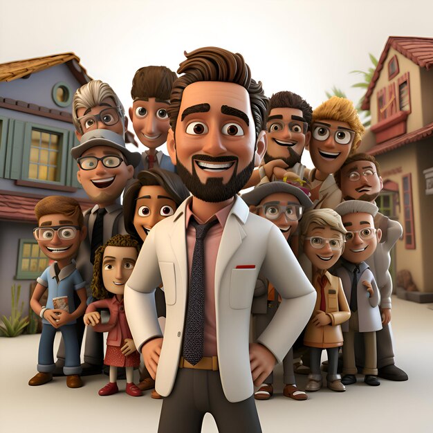 Photo gratuite illustration 3d d'un personnage de dessin animé avec sa famille devant une maison