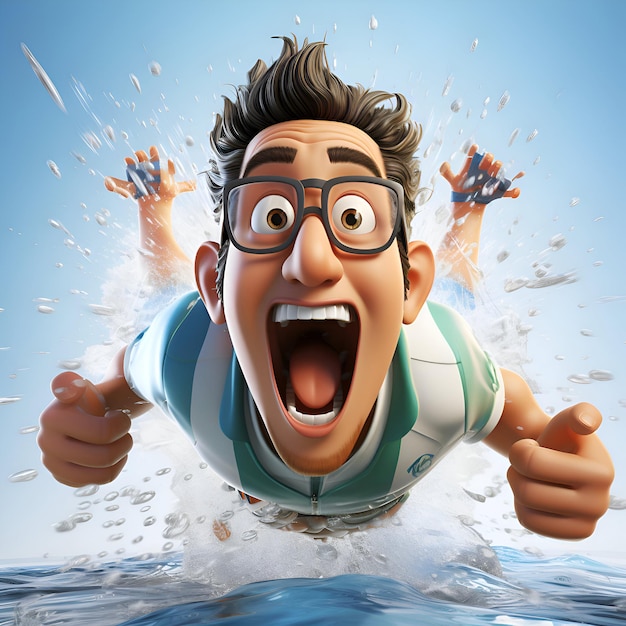 Photo gratuite illustration 3d d'un personnage de dessin animé se noyant dans la mer avec des éclaboussures