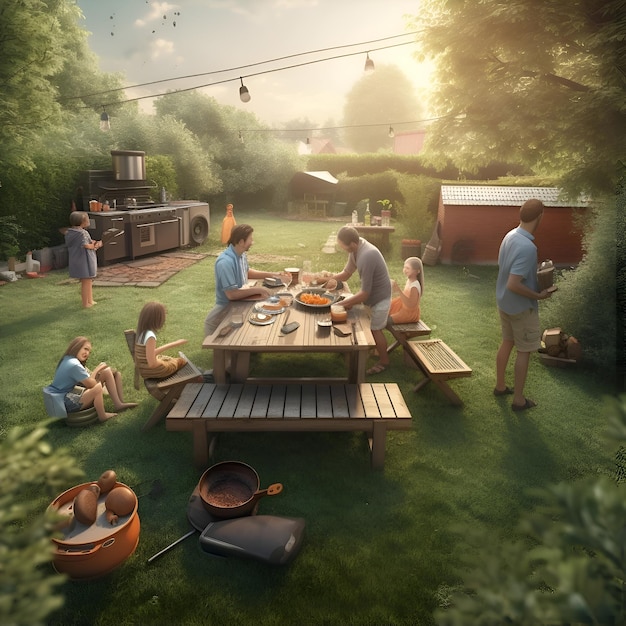 Photo gratuite illustration 3d de personnes prenant le petit déjeuner dans le jardin en été