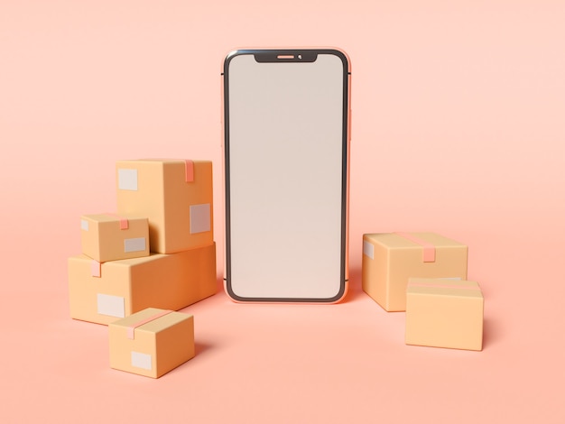 Illustration 3D. Smartphone avec écran blanc vierge et boîtes en carton. Concept de service de commerce électronique et d'expédition.