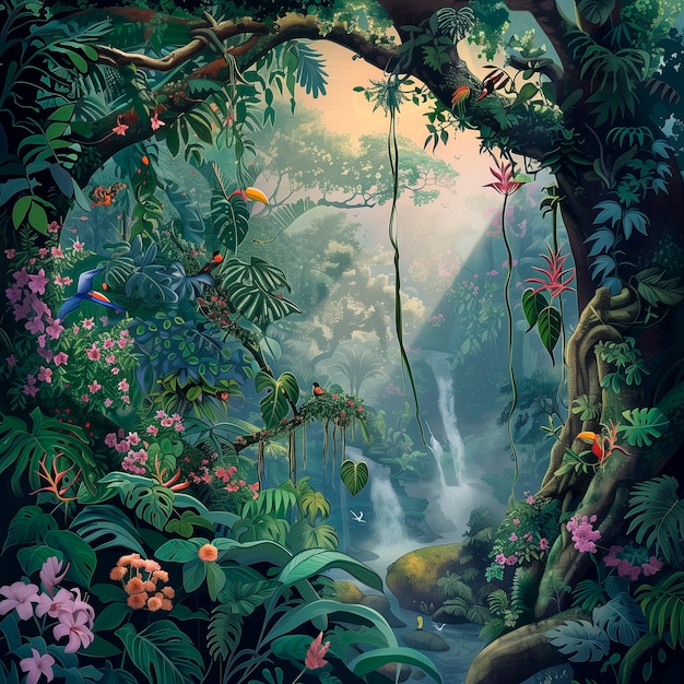 Photo gratuite illustration d'art numérique du paysage de la jungle