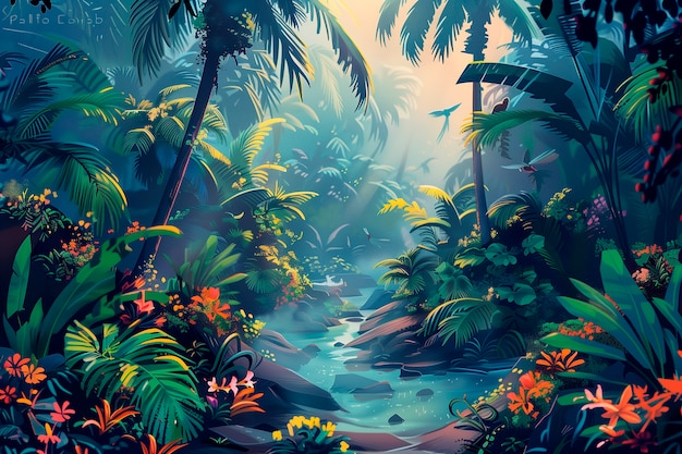 Photo gratuite illustration d'art numérique du paysage de la jungle