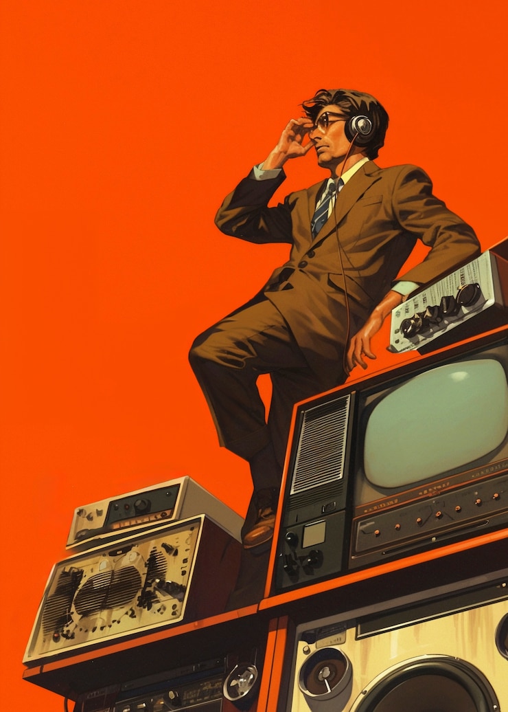 Photo gratuit illustration d'art numérique rétro d'une personne utilisant la technologie radio