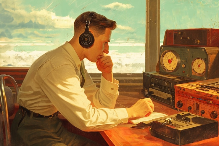 Photo gratuit illustration d'art numérique rétro d'une personne utilisant la technologie radio