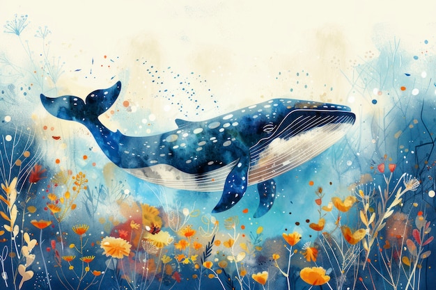 Photo gratuite illustration d'une baleine à l'aquarelle