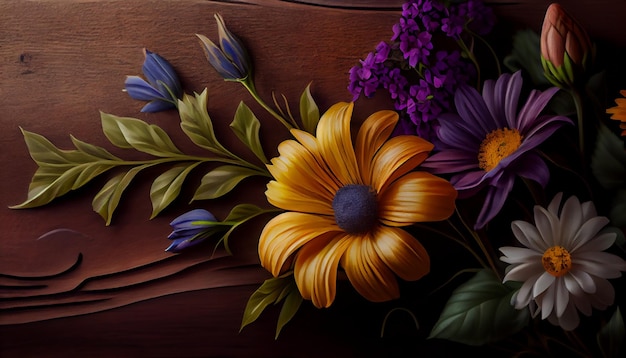 Illustration de bouquet de fleurs dans un décor de nature multicolore généré par l'IA