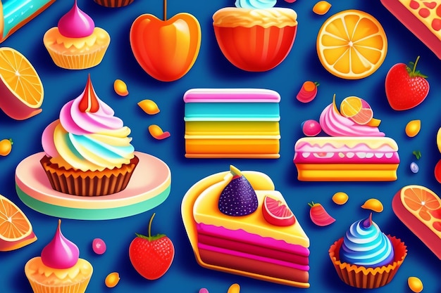 Photo gratuite une illustration colorée de gâteaux et pâtisseries avec différentes garnitures.