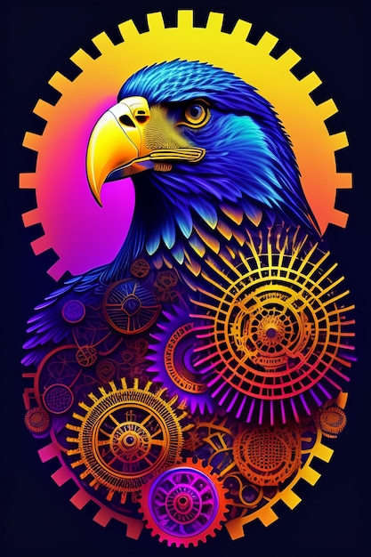 Une illustration colorée d'un oiseau avec des engrenages et des rouages.