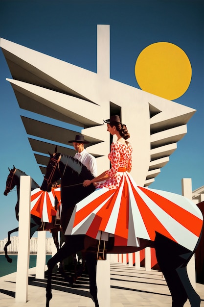 Photo gratuite illustration d'un couple sur des chevaux à muelle uno