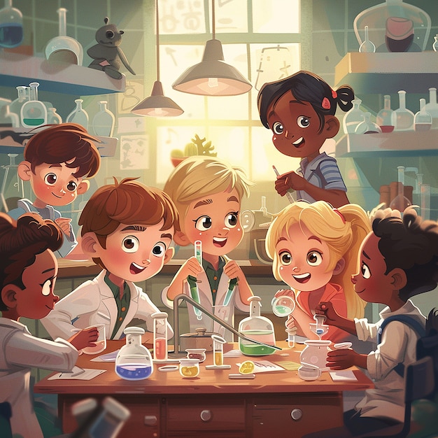 Photo gratuite illustration de dessin animé de laboratoire de chimie pour enfants