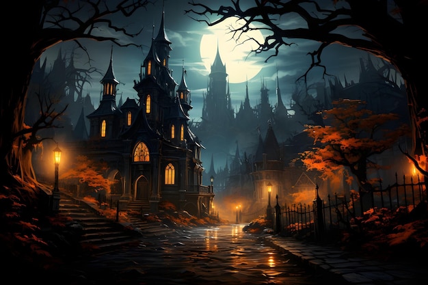 Photo gratuite illustration du château de lune de nuit d'halloween