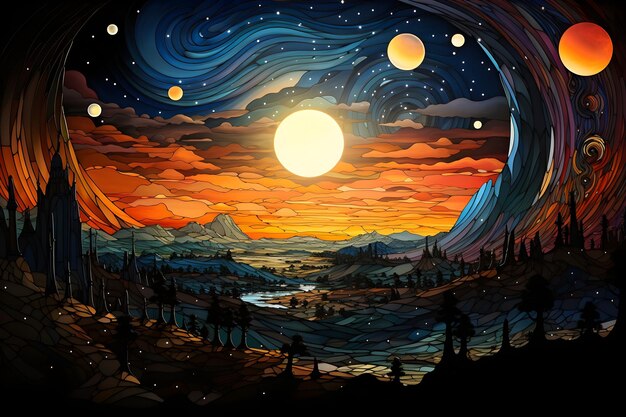 illustration du coucher de soleil rétro mystique