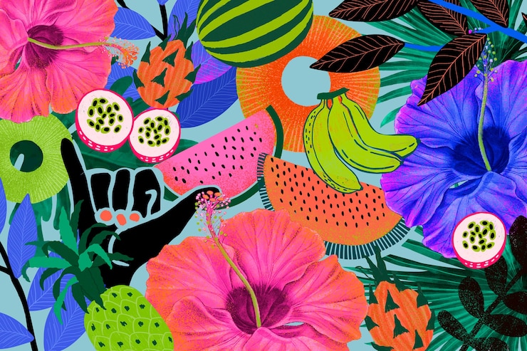 Photo gratuit illustration de fond à motifs tropicaux colorés