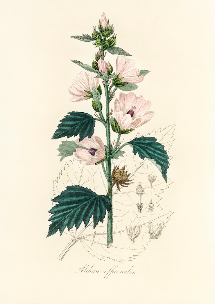 Photo gratuit illustration de guimauve commune (althea officinalis) d&#39;après medical botany (1836)