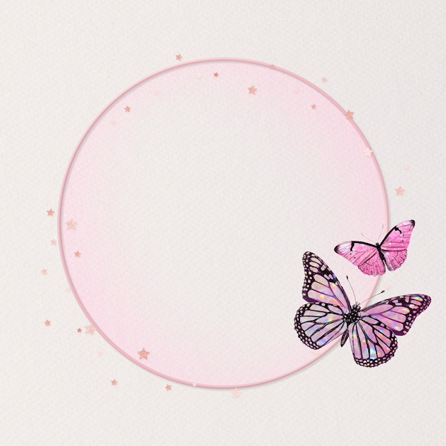 Illustration holographique de cercle de cadre papillon rose scintillant