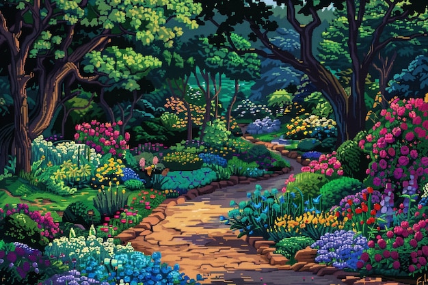 Illustration de jardin floral dans le style pixel art