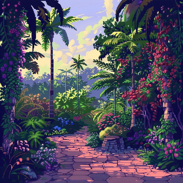 Illustration de jardin floral dans le style pixel art