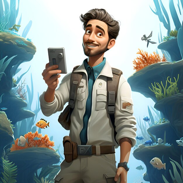 Photo gratuite illustration d'un jeune homme au fond de la mer regardant le smartphone