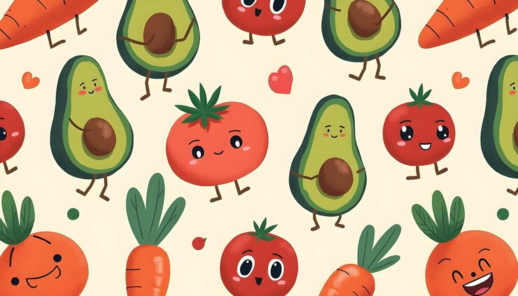 Photo gratuit illustration de légumes et de fruits mignons