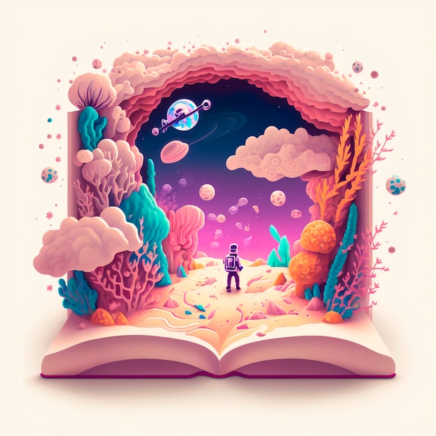 Illustration de livre de conte de fées magique avec un astronaute explorant une planète