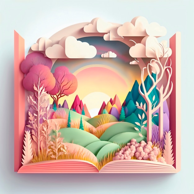 Illustration de livre de conte de fées magique avec paysage ensoleillé