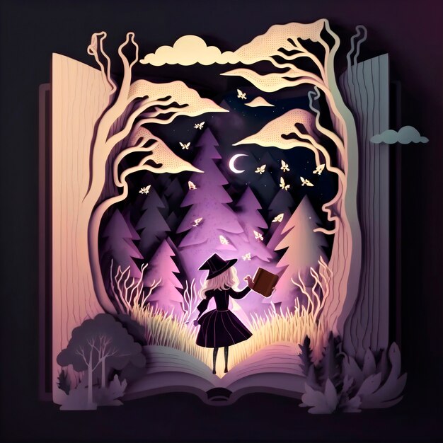 Illustration magique de livre de conte de fées avec une silhouette qui dans la forêt la nuit