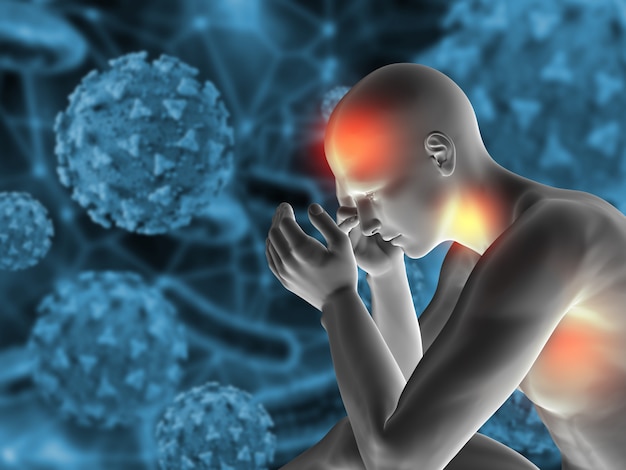 Illustration médicale 3D avec une figure masculine affichant les symptômes du virus Covid 19